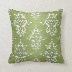 Almofada Verde Musgo e Damasco Floral Branco