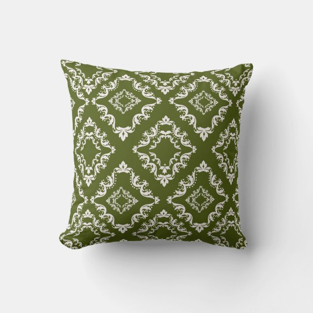 Almofada verde oliva escuro e damasco de diamante branco (Frente)