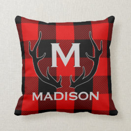 Almofada Verificação vermelha do búfalo do monograma preto