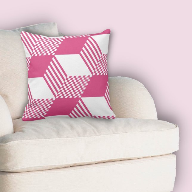 Almofada Verificador de Diamantes de Estrelas Rosa e Branca (Summer Pink & White Stripe Diamond Checker Pattern Throw Pillow)