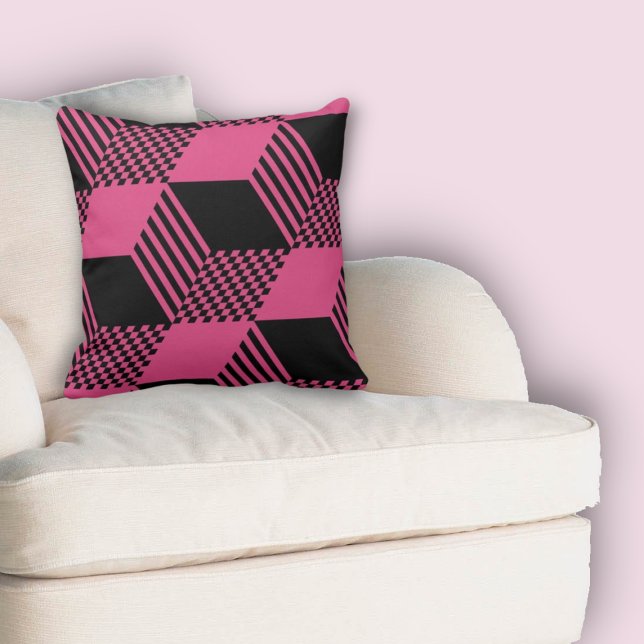 Almofada Verificador de Diamantes de Faixa Preta e Rosa Vin (Vintage Pink & Black Stripe Diamond Checker Throw Pillow)