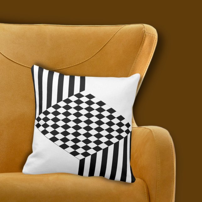 Almofada Verificadores Geométricos de Listras Brancas e Pre (Geometric White & Black Stripes Diamond Checkers Throw Pillow)