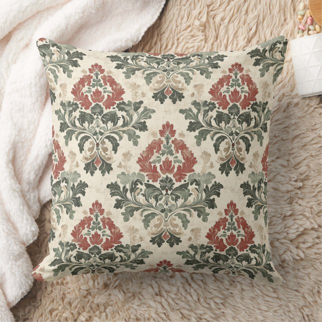 Almofada Vermelho Bege Verde Damask Antigo (Cobertor)