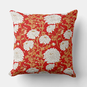 Almofada Vermelho Branco e Dourado Floral Crisântemo Japonê