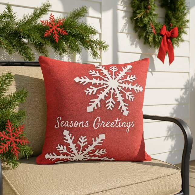 Almofada Vermelho Brilhante Com Floco de Neve Branco Natal  (Criador carregado)
