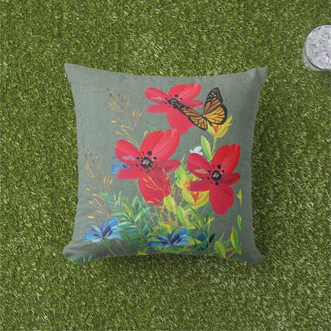 Almofada Vermelho Floral Cinza Burlap  (Grama)
