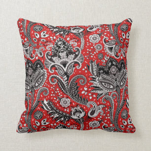 Almofada Vermelho Preto e Branco Floral Paisley Boêmio Boho