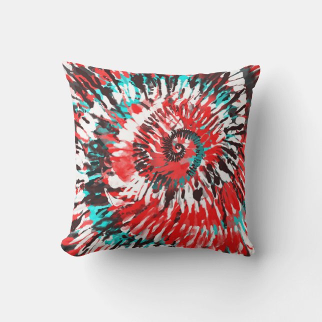Almofada Vermelho Turquesa Preto Branco e Cinza Tie Dye (Frente)