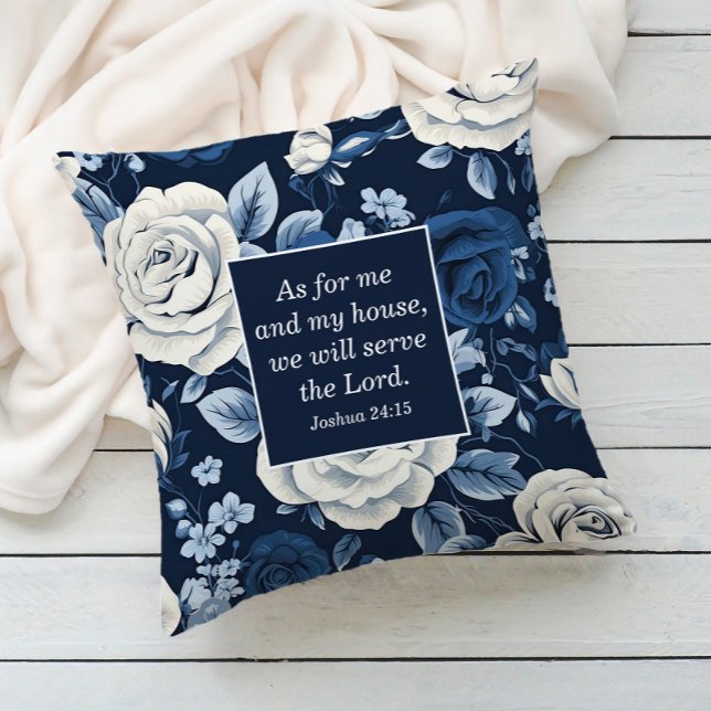 Almofada Versículo da Bíblia Floral Azul Branco  (Navy blue white floral Christian Bible verse decorator pillow)