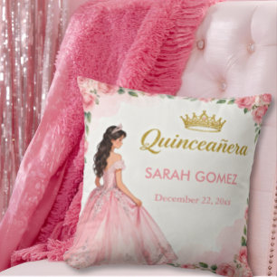 Almofada Vestido de Princesa Rosa Tiara Dourada Quinceañera