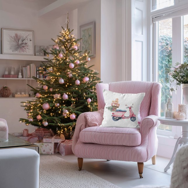 Almofada Viagem de Natal de Vespa Rosa Comprada (Pink Vespa Christmas shopping trip pillow )