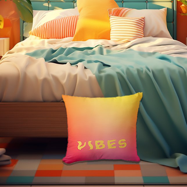 Almofada "Vibes" ensolarados, cor-de-rosa, laranja e amarel (Vibrant 'VIBES' Ombre Pink Orange and Yellow Decorative Pillow
)