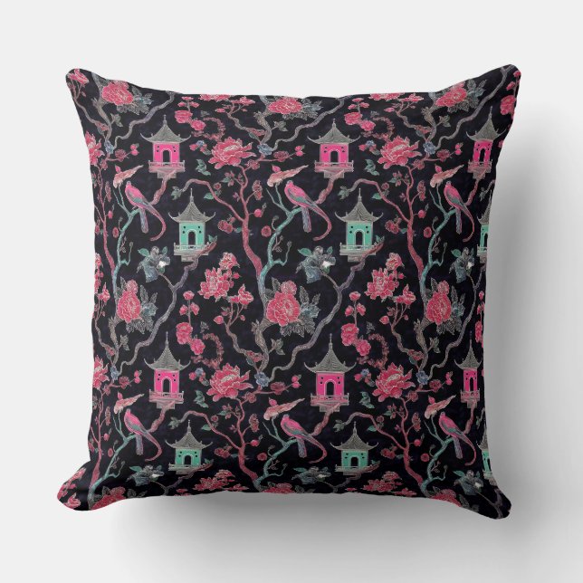 Almofada Vibrant Chinoiserie Pagoda and Birds (Frente)