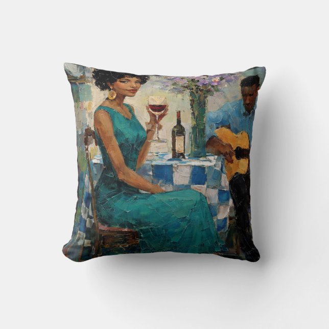 Almofada Vibrant Jazz Woman Teal Bistro Art (Frente)