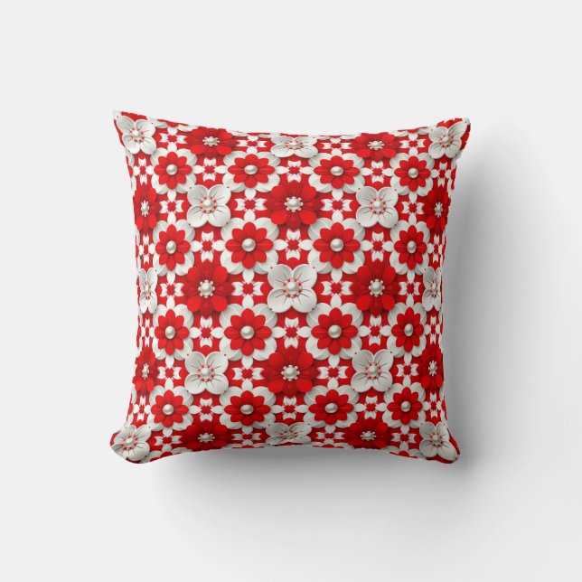 Almofada Vibrant Red And White Floral Pattern With Pearl (Frente)
