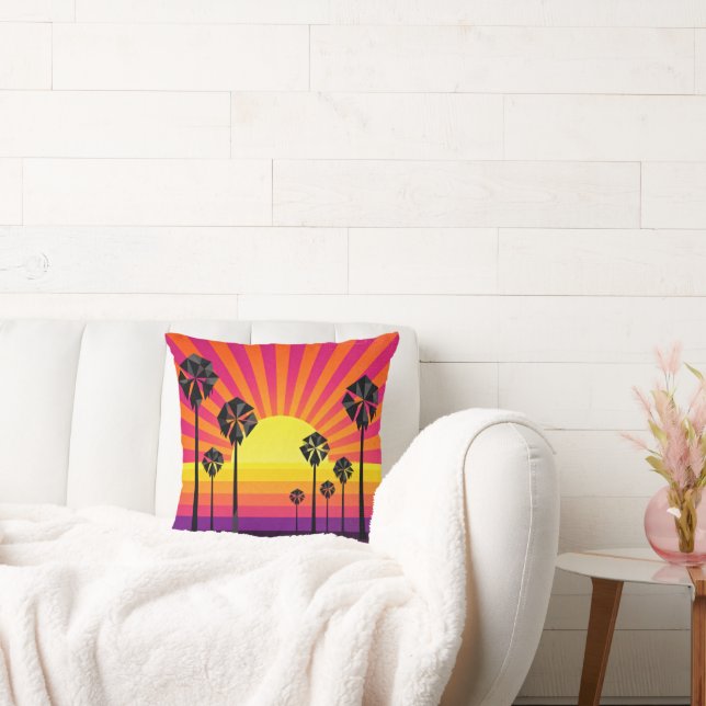 Almofada Vibrant Retro Sunset Palm Tree Throw Pillow on Whi (Sofá)