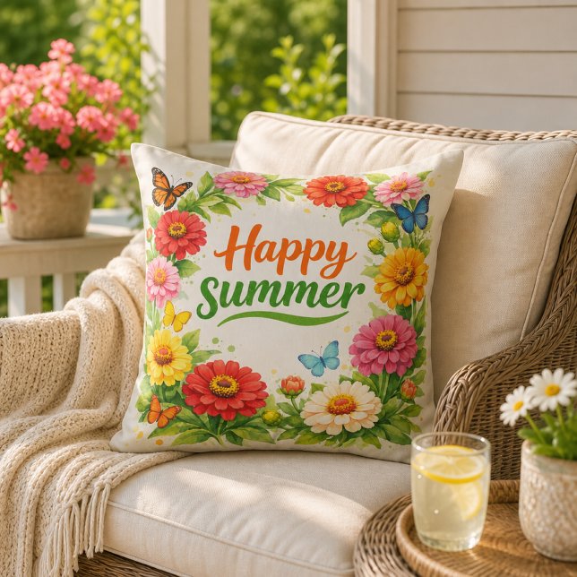 Almofada Vibrantes Flores de Zínia Feliz Verão Branco (Criador carregado)