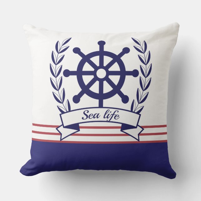 Almofada Vida marinha náutica & Roda de navio Azul e Branco (Frente)