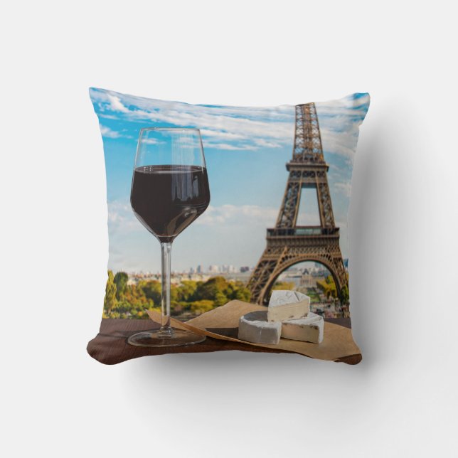 Almofada Vidro de vinho com queijo ceroso na torre Eiffel (Frente)
