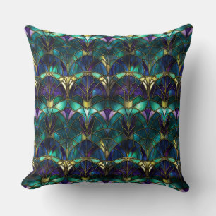 Almofada Vidro Manchado Pavão Azul, Roxo e Dourado