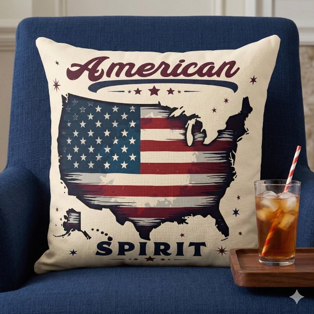 Almofada Vintage American Flag USA Map Distância Art (Vintage American Flag USA Map Distressed Art Throw Pillow Mockup A)
