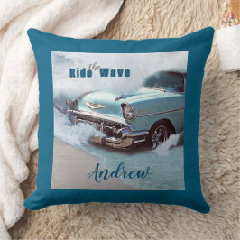 Almofada Vintage Aqua Car "Ride The Wave" Quote Ocean Beach