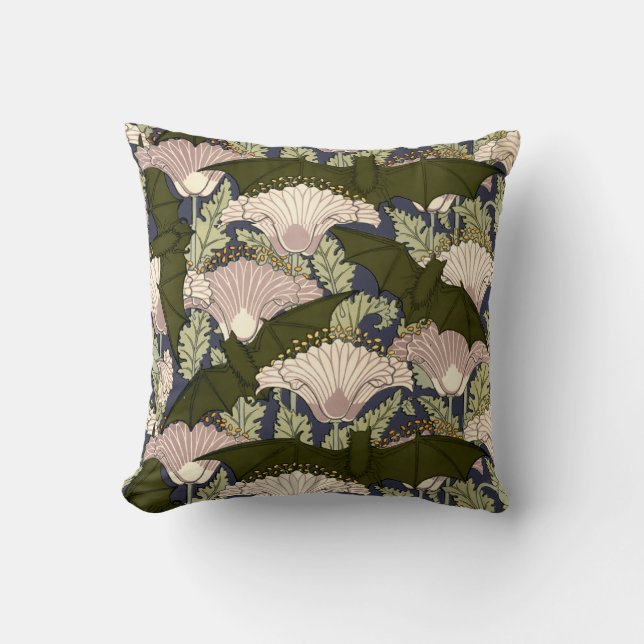 Almofada Vintage Art Nouveau Bats and Poppies Patterno (Frente)