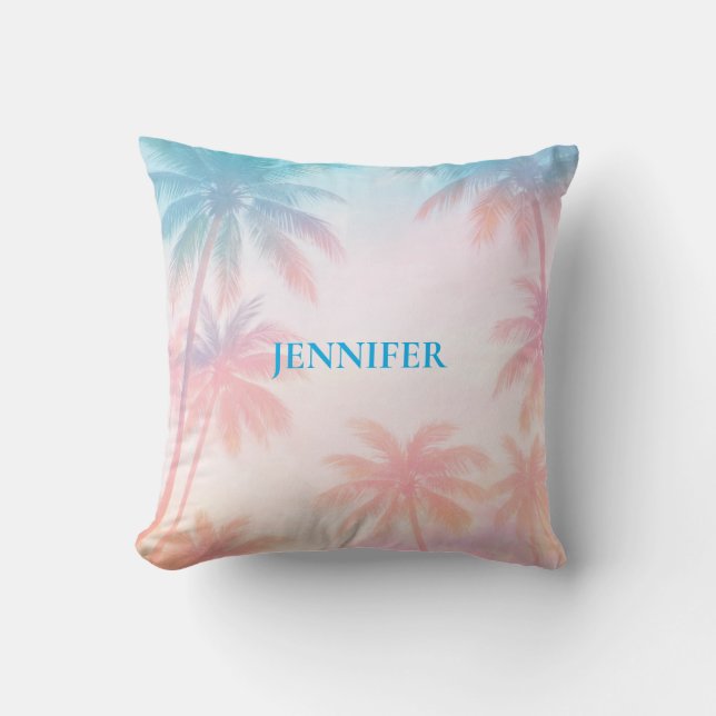Almofada Vintage Beach Sunset Palm Trees Pastel             (Frente)