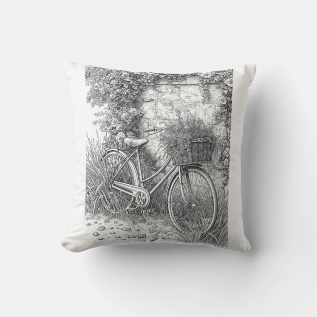 Almofada Vintage Bicycle & Garden Roses Ink Art Pillow (Frente)