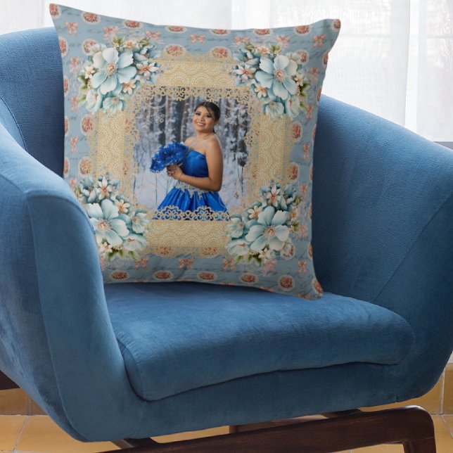 Almofada Vintage Blue Damask Quinceañera Memory (Criador carregado)