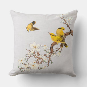 Almofada Vintage Chinoiserie Birds Amarelas Flores Brancas