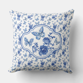Almofada Vintage Chinoiserie Blue Borboletas Brancas Flores