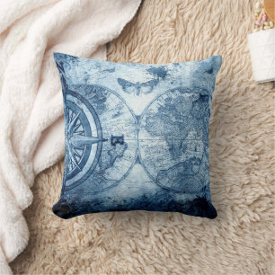 Almofada Vintage Compass Gráfico do mar Náutico de Grunge