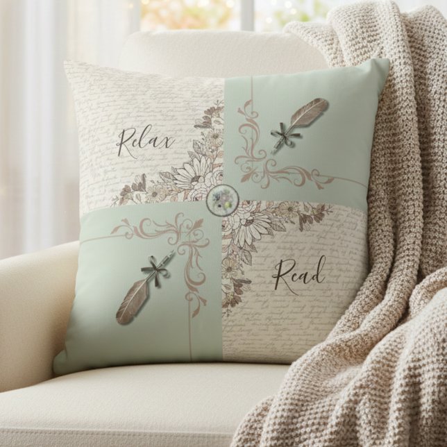 Almofada Vintage Delicate Green Elegant Manuscript (Add a fresh, calm touch to your sofa or reading chair with this soft neutral green pillow)