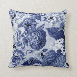 Almofada Vintage do azul de índigo botânico & insetos Toile