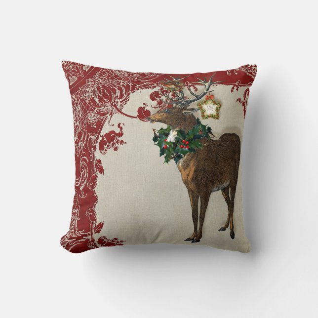 Almofada Vintage Elegance Christmas Deer Antlers Damask (Frente)