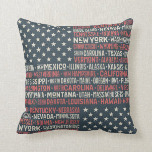 Almofada Vintage Faded American Flag State Names Words Art