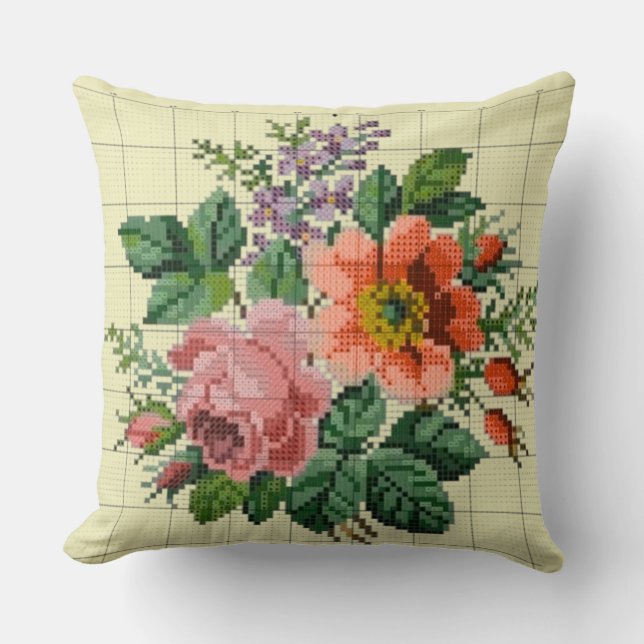 Almofada Vintage Floral Peach & Pink Flower Needlepoint (Frente)