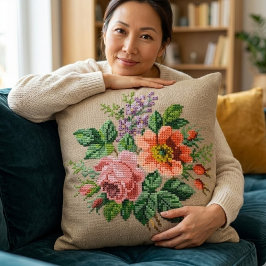 Almofada Vintage Floral Peach & Pink Flower Needlepoint