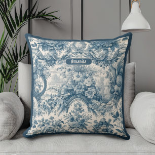 Almofada Vintage floral Toile de jouy monograma azul