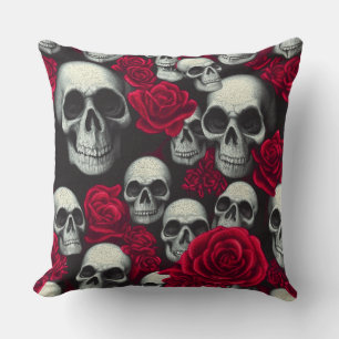Almofada Vintage Gothic Skulls Rosa vermelha Garden