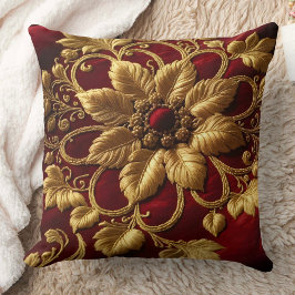 Almofada Vintage Grande Flor Bordado Olhar Vermelho Dourado