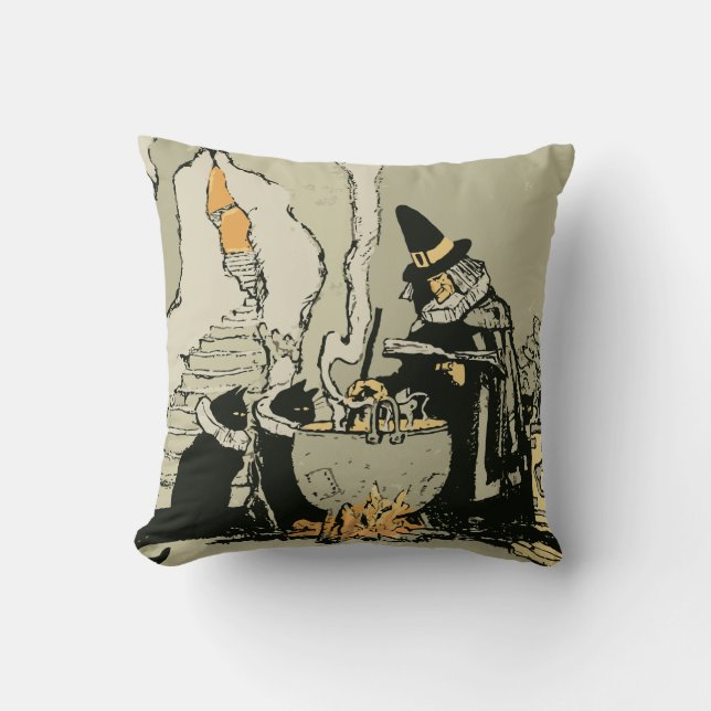 Almofada Vintage Halloween, Bruxa com Cauldron e Gatos (Frente)