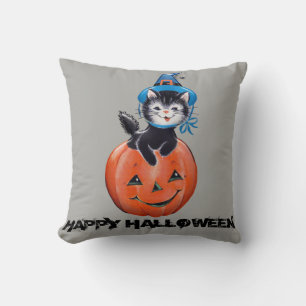Almofada Vintage Halloween Pumpkin Cat com Witch Hat