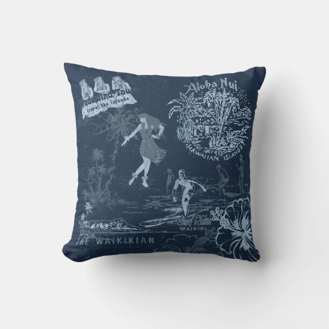 Almofada Vintage havaiano Viagem Collage Indigo Reversible (Frente)