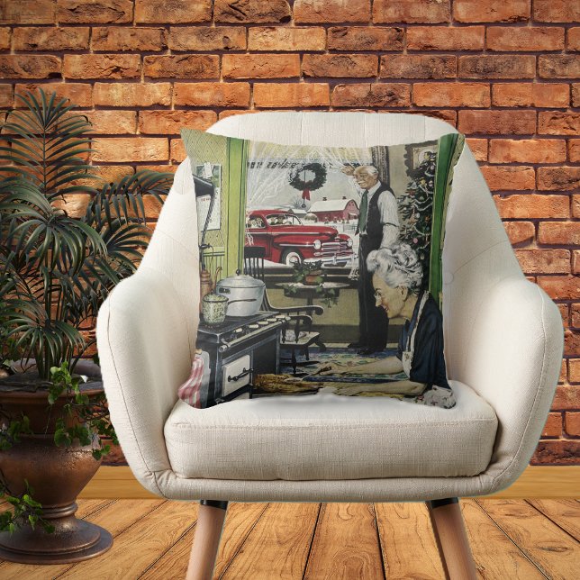 Almofada Vintage Home Kitchen, velha e fascinada, Natal (Vintage holiday turkey dinner in Grandma kitchen scene on decorative Christmas pillow.)