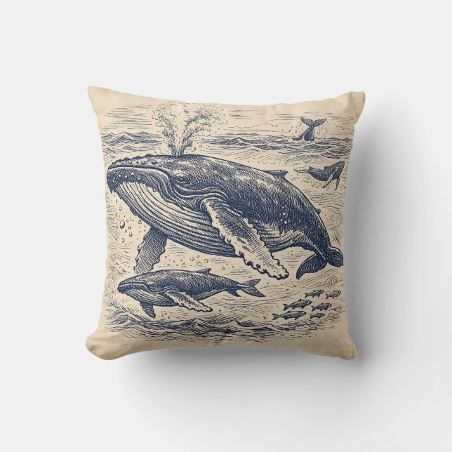 Almofada Vintage Humpback Whale Pod Engraving (Frente)