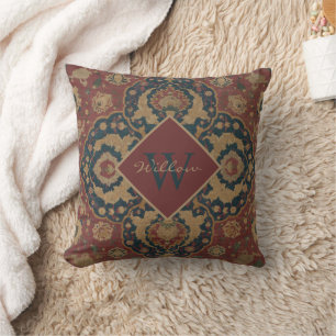 Almofada Vintage Monogrammed Oriental - Padrão Vermelho Pe