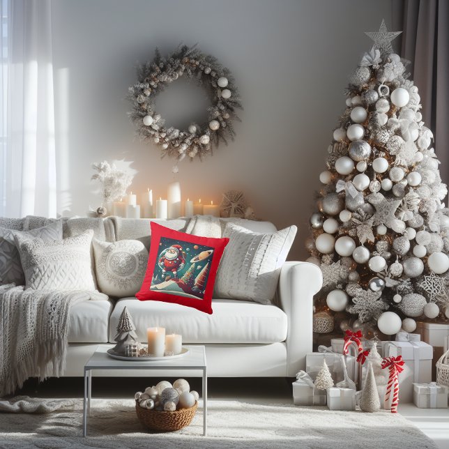 Almofada Vintage parece Spaceman Sants (Vintage Santa in Space fun throw pillow.)