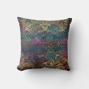 Almofada Vintage Peacock Teal Purple Dourado Scroll Damask